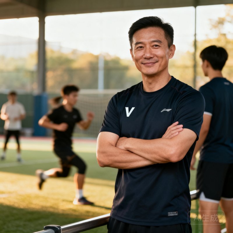V体育创始人兼总教练刘明远身穿深色运动服双臂交叉站立在训练场边，表情自信温和，身后是学员训练的身影