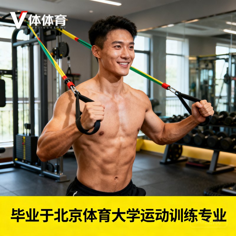 V体育体适能课程主管张浩宇在训练室中展示弹力带训练动作，他身材健硕精神饱满，毕业于北京体育大学运动训练专业